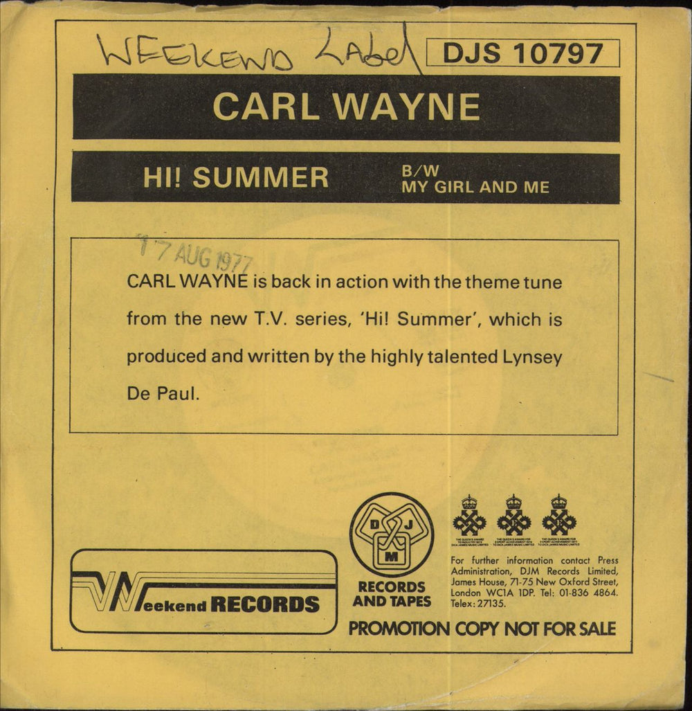 Carl Wayne Hi! Summer - Promo Sleeve UK Promo 7" vinyl single (7 inch record / 45) DJS10797