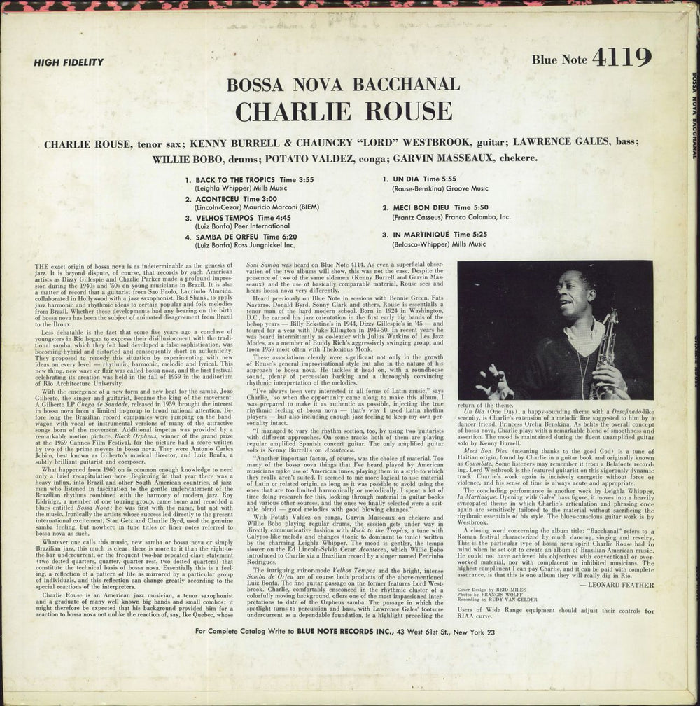 Charlie Rouse Bossa Nova Bacchanal US vinyl LP album (LP record)