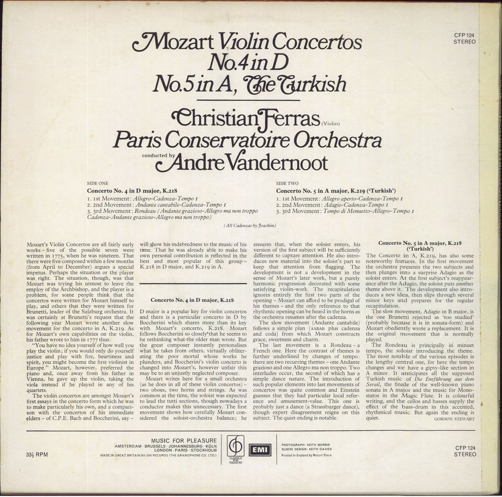 Christian Ferras Mozart Violin Concertos No. 4 in D & No. 5 in A, The Turkish UK vinyl LP album (LP record)