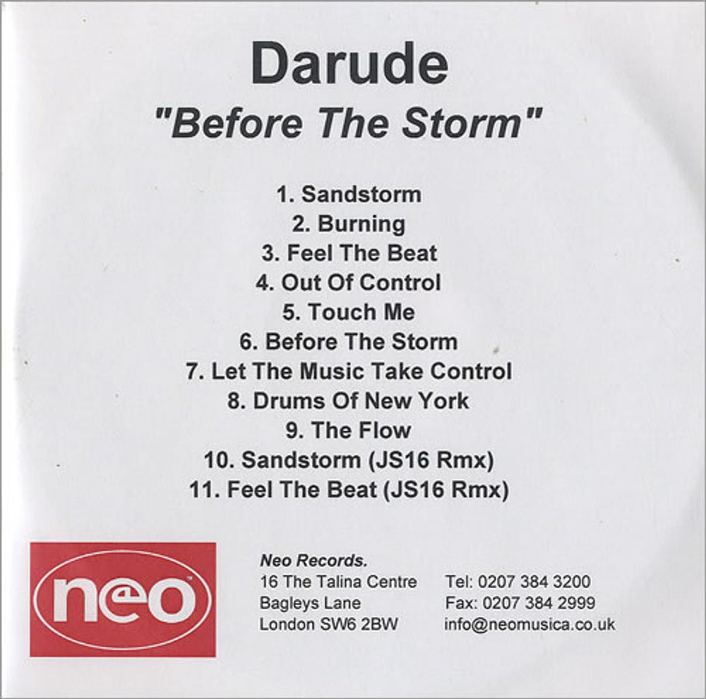 Darude Before The Storm UK Promo CD-R acetate CD-R ACETATE