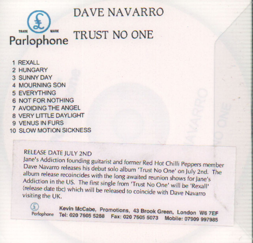 Dave Navarro Trust No One UK Promo CD-R acetate CDR ACETATE