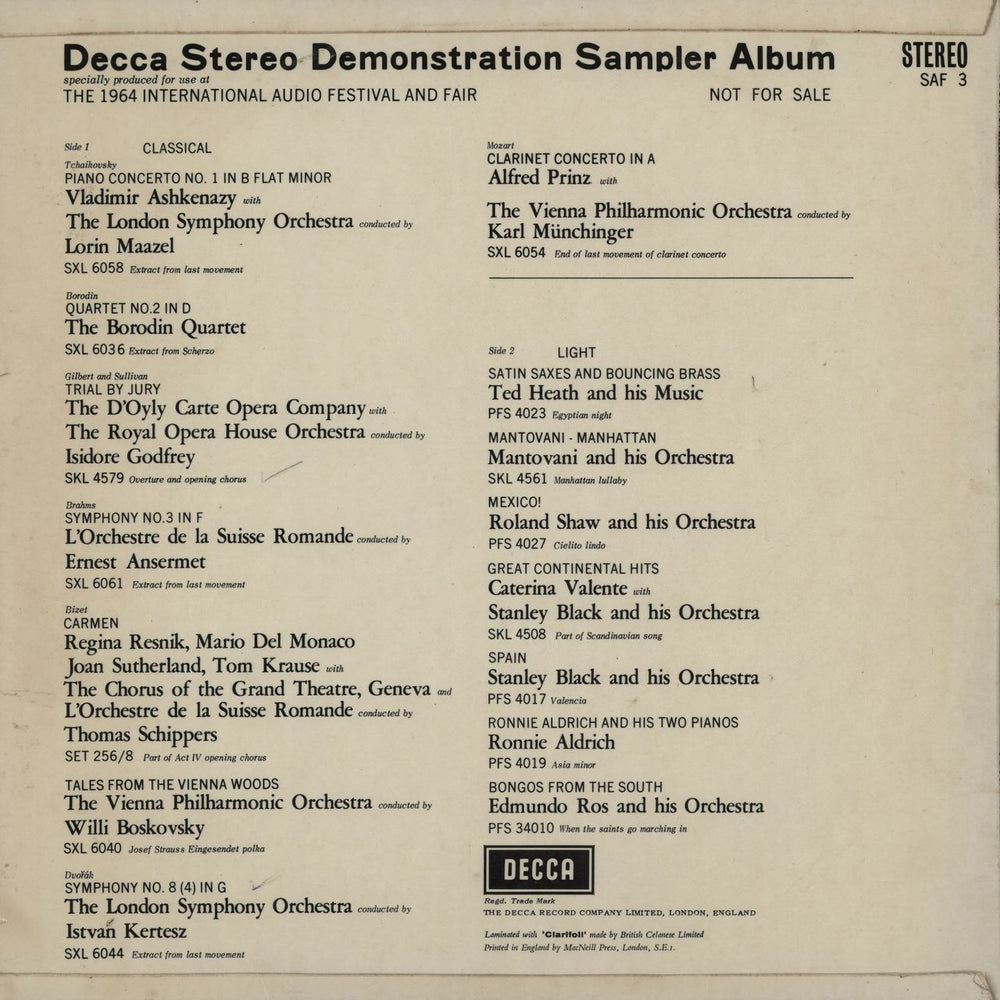 Decca Decca Demonstration Stereo Sampler Album April 1964 UK Promo vinyl LP album (LP record)