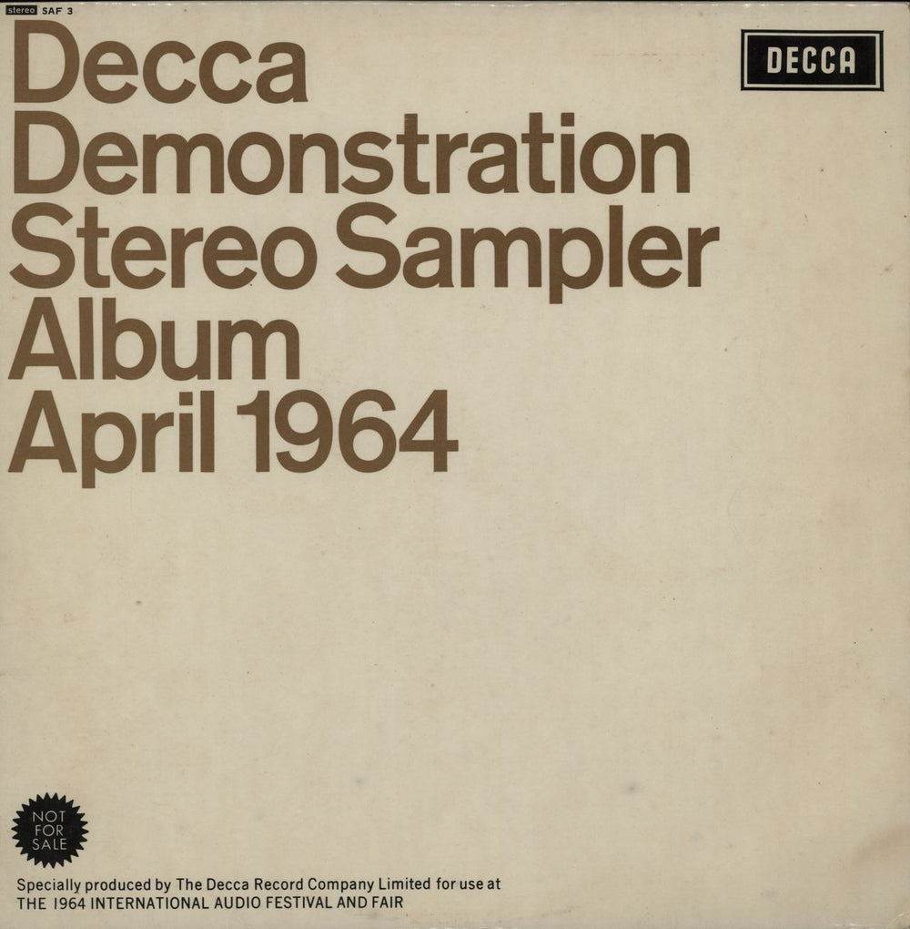 Decca Decca Demonstration Stereo Sampler Album April 1964 UK Promo vinyl LP album (LP record) SAF3