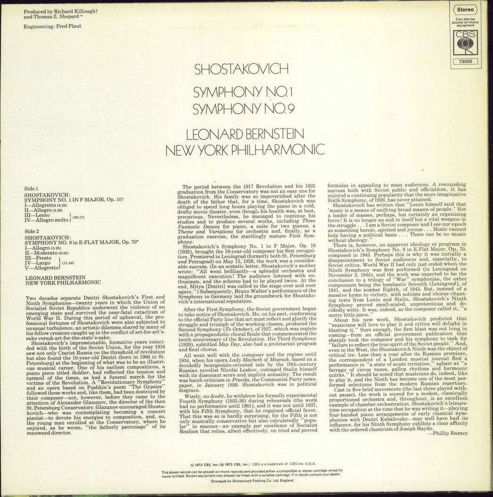 Dmitri Shostakovich Symphony No. 1 / Symphony No. 9 UK vinyl LP album (LP record)