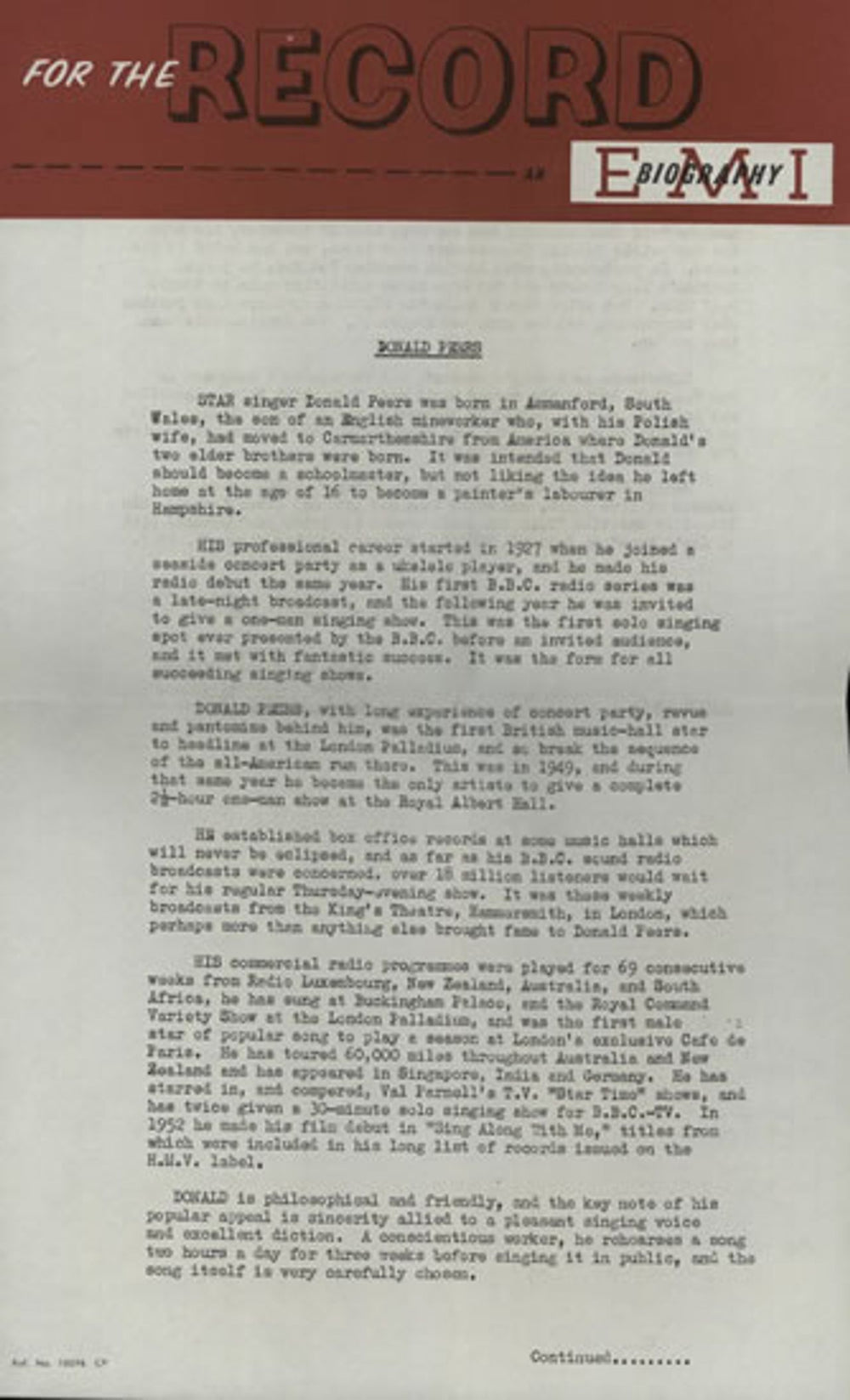 Donald Peers Somewhere My Love - A Label + press release UK Promo 7" vinyl single (7 inch record / 45) DP207SO588674