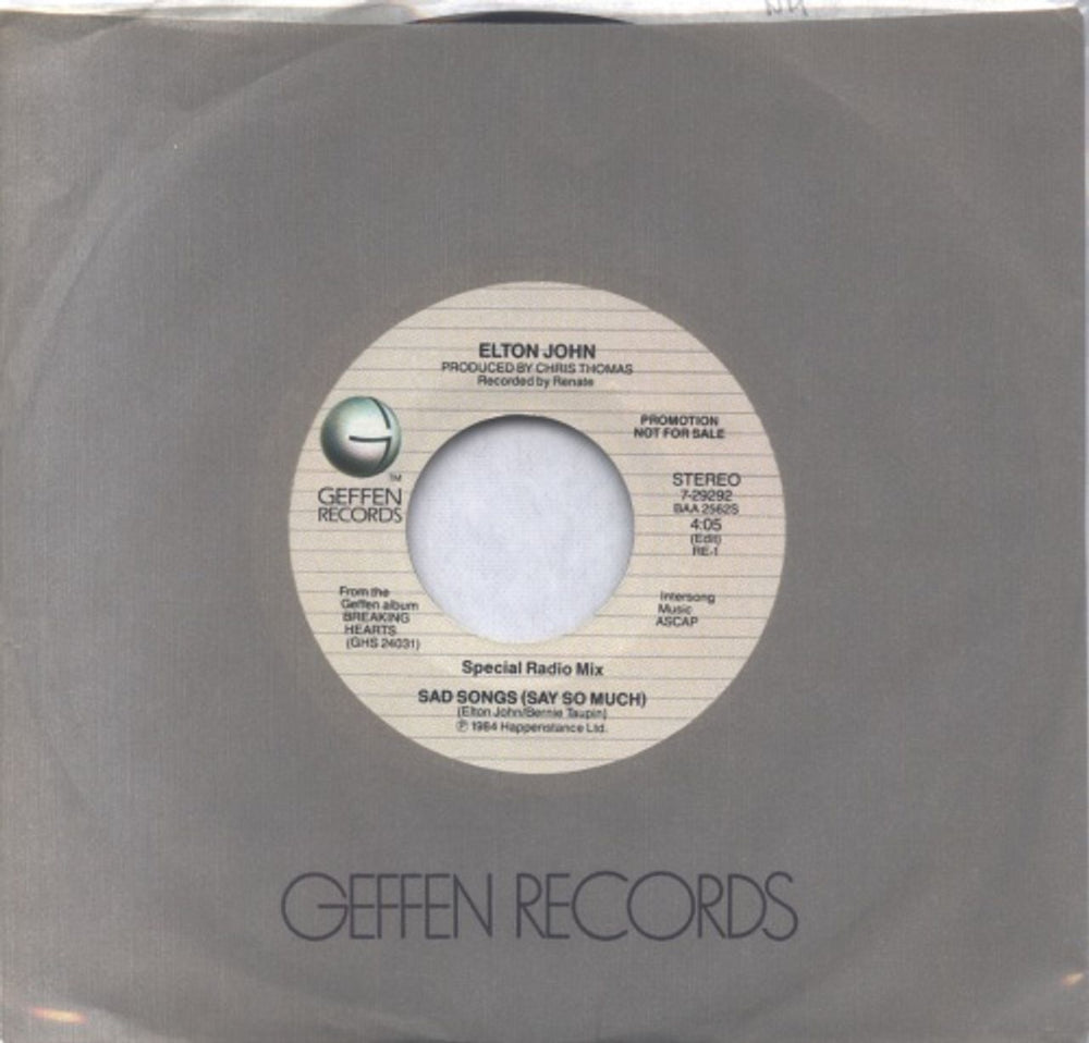 Elton John Sad Songs (Say So Much) - Special Radio Mix US Promo 7" vinyl single (7 inch record / 45) 7-29292