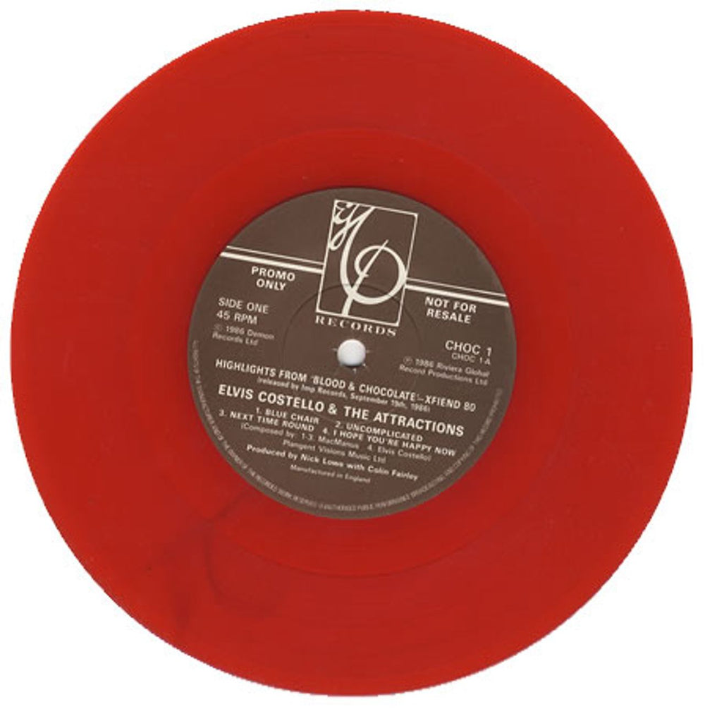 Elvis Costello Highlights From 'Blood & Chocolate' - Red Vinyl UK Promo 7" vinyl single (7 inch record / 45) CHOC1