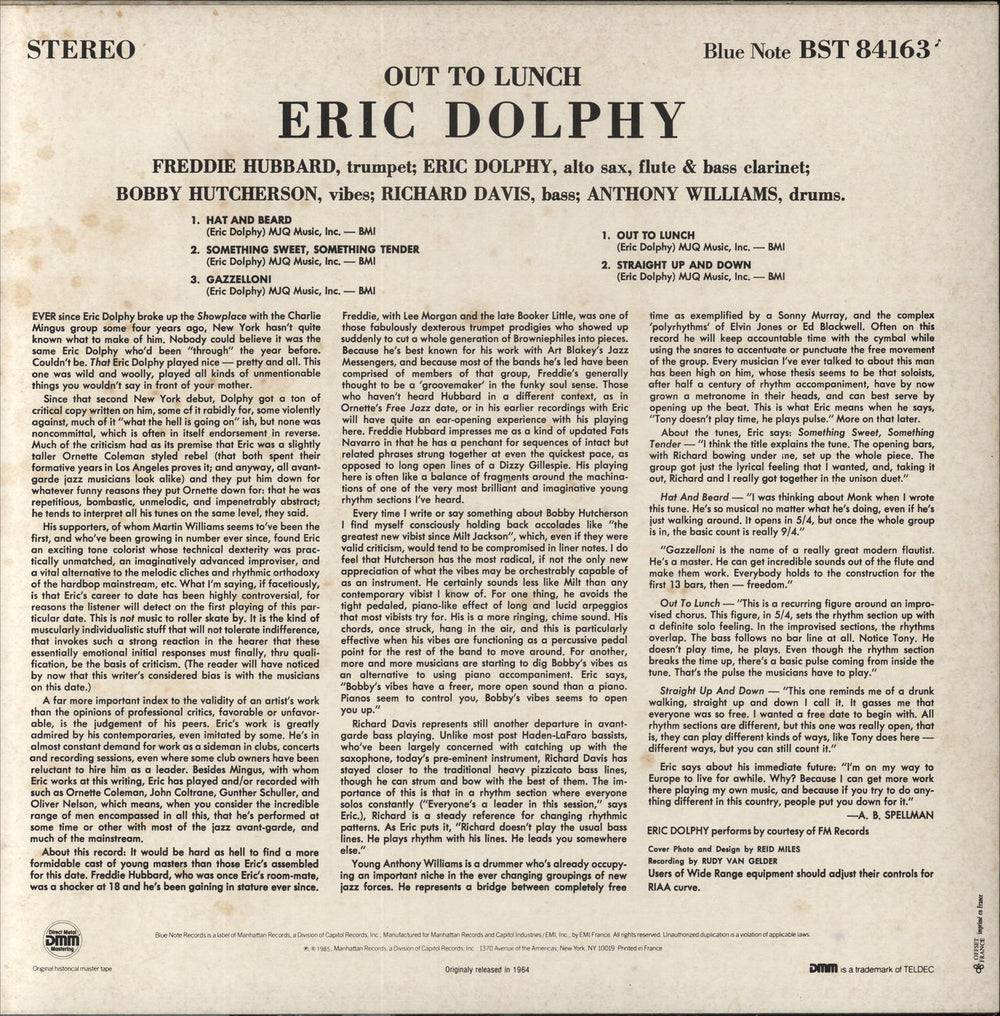 Eric Dolphy Out To Lunch French vinyl LP album (LP record)