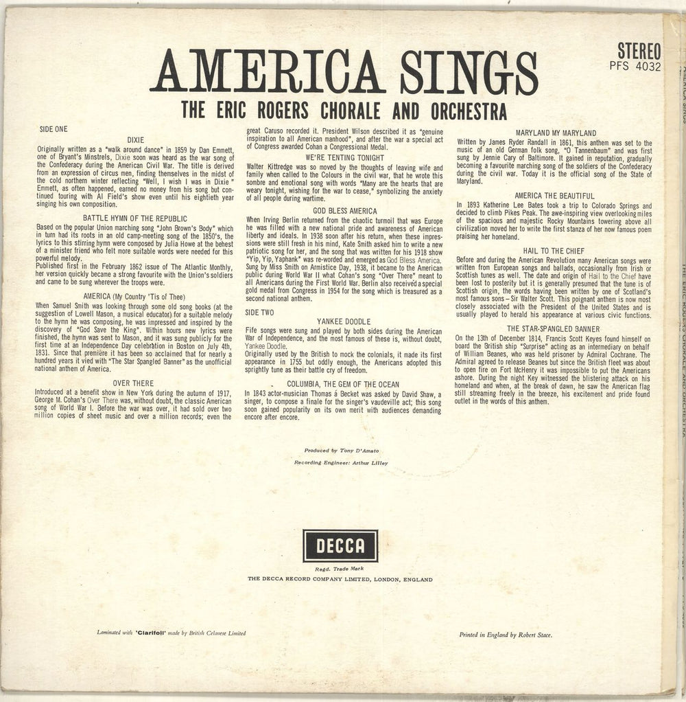 Eric Rogers America Sings UK vinyl LP album (LP record)