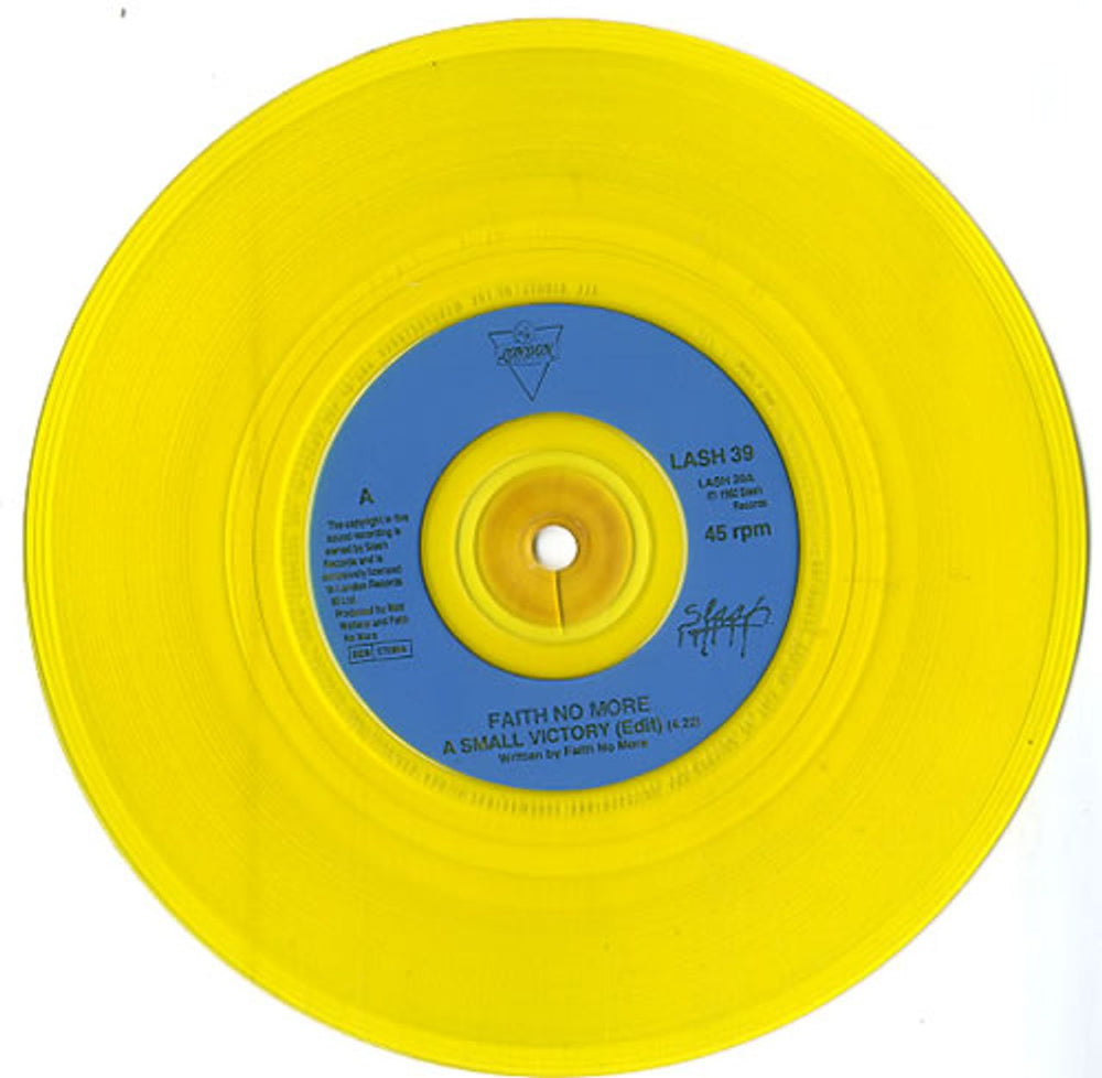 Faith No More A Small Victory - Yellow Vinyl UK 7" vinyl single (7 inch record / 45) FNM07AS08558