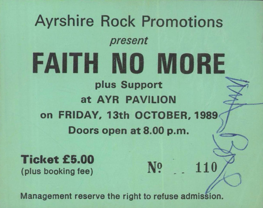 Faith No More Fully Autographed Ticket Stub UK concert ticket