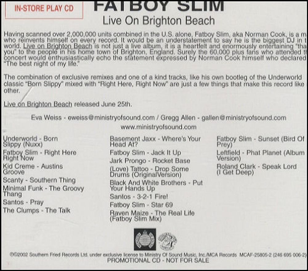 Fatboy Slim Live On Brighton Beach US Promo CD album (CDLP) MCAF-25805-2