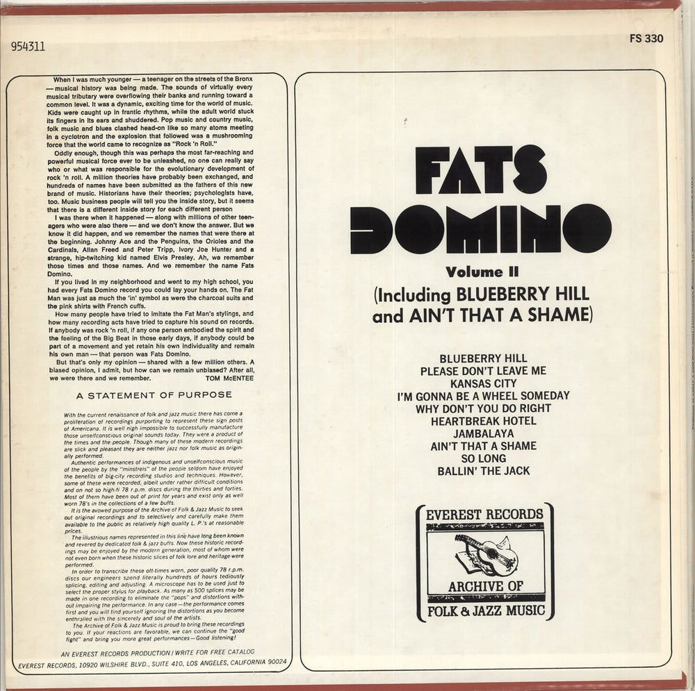 Fats Domino Fats Domino Volume II US vinyl LP album (LP record)