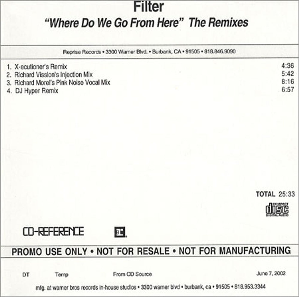 Filter Where Do We Go From Here - Remixes US Promo CD-R acetate CD-R ACETATE