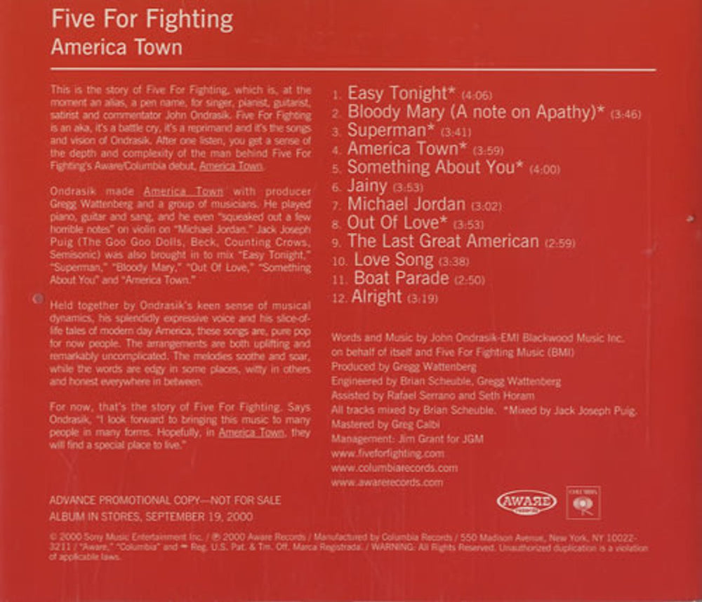 Five For Fighting America Town US Promo CD album (CDLP) CSK15051