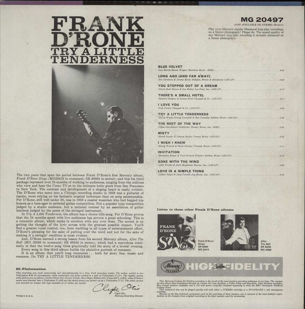 Frank D'Rone Try A Little Tenderness US vinyl LP album (LP record)