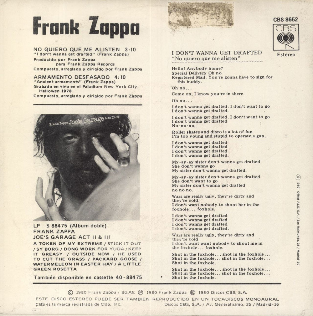 Frank Zappa I Don't Wanna Get Drafted - EX Spanish 7" vinyl single (7 inch record / 45)