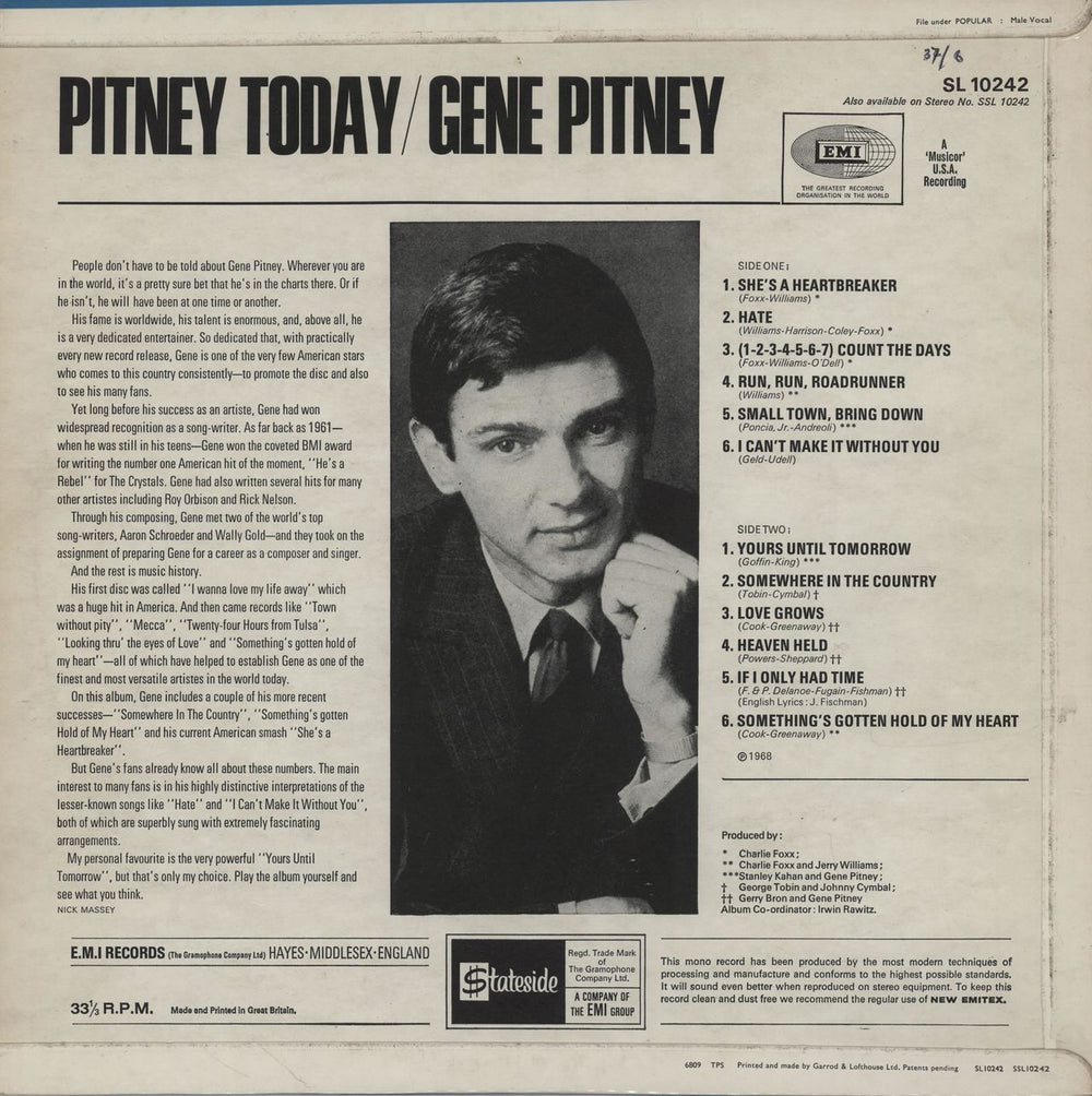 Gene Pitney Pitney Today UK vinyl LP album (LP record)