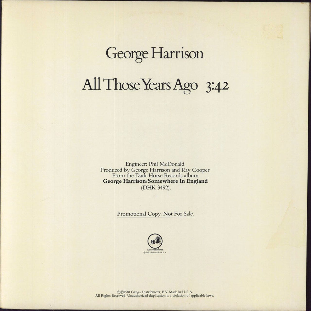 George Harrison All Those Years Ago US Promo 12" vinyl single (12 inch record / Maxi-single) PRO-A-949