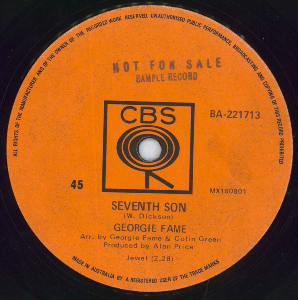 Georgie Fame Seventh Son - Solid Australian Promo 7" vinyl single (7 inch record / 45) BA-221713