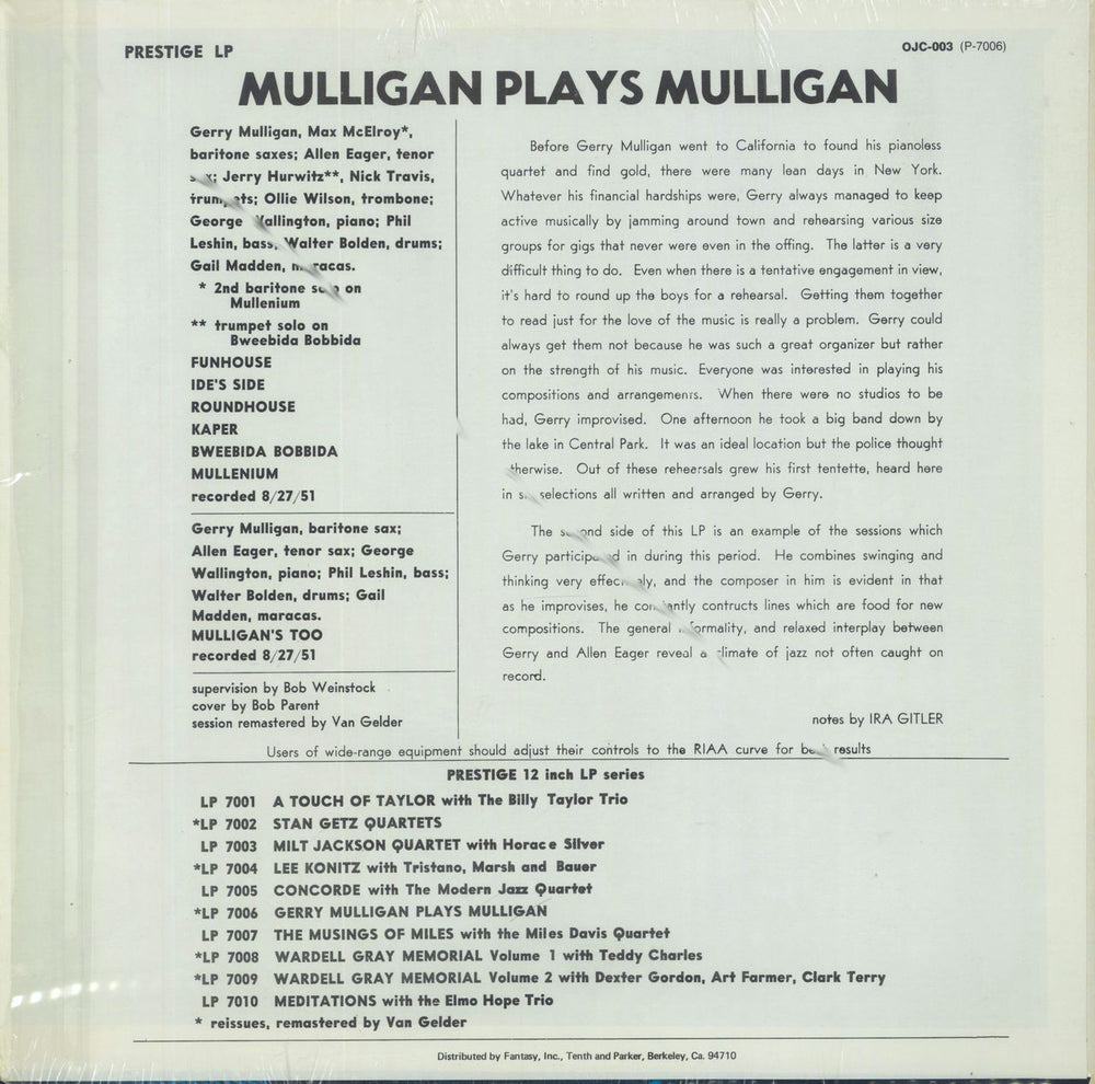 Gerry Mulligan Mulligan Plays Mulligan - stickered shrink US vinyl LP album (LP record)