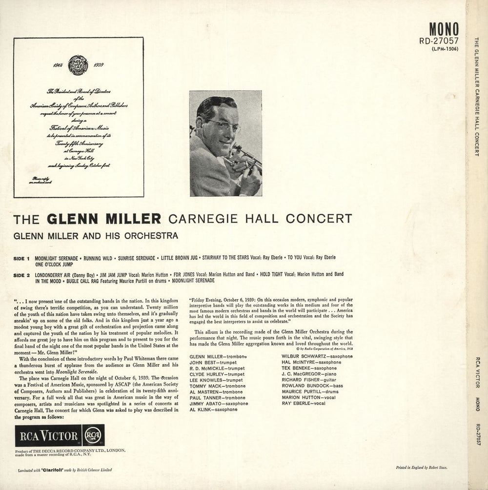 Glenn Miller Carnegie Hall Concert UK vinyl LP album (LP record)