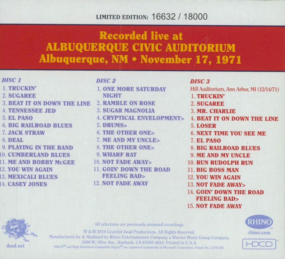 Grateful Dead Dave's Picks Volume 26: Albuquerque Civic Auditorium, Albuquerque, NM 11/17/71 + Dave's Picks 201 US 3-CD album set (Triple CD)