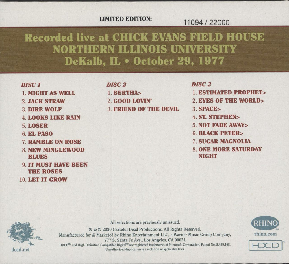 Grateful Dead Dave's Picks Volume 33: Evans Field House, N. Illinois University, Dekalb, IL 10/29/77 US 3-CD album set (Triple CD) GRD3CDA790464