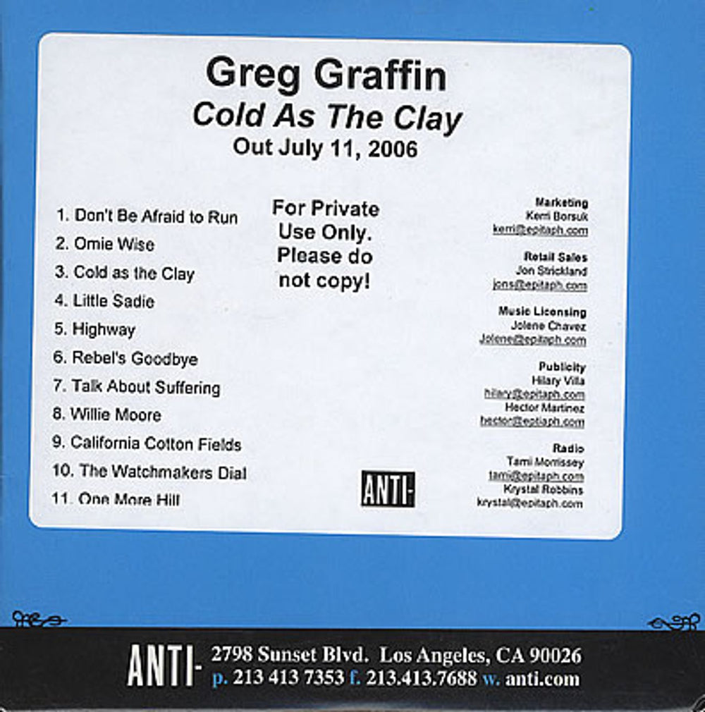 Greg Graffin Cold As The Clay US Promo CD album (CDLP) 99997-2