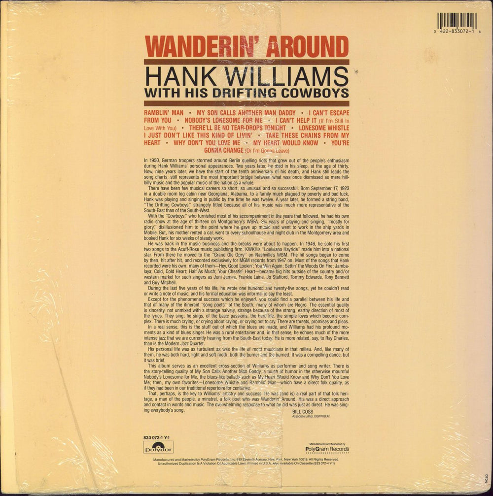 Hank Williams Wanderin' Around US vinyl LP album (LP record) 042283307216