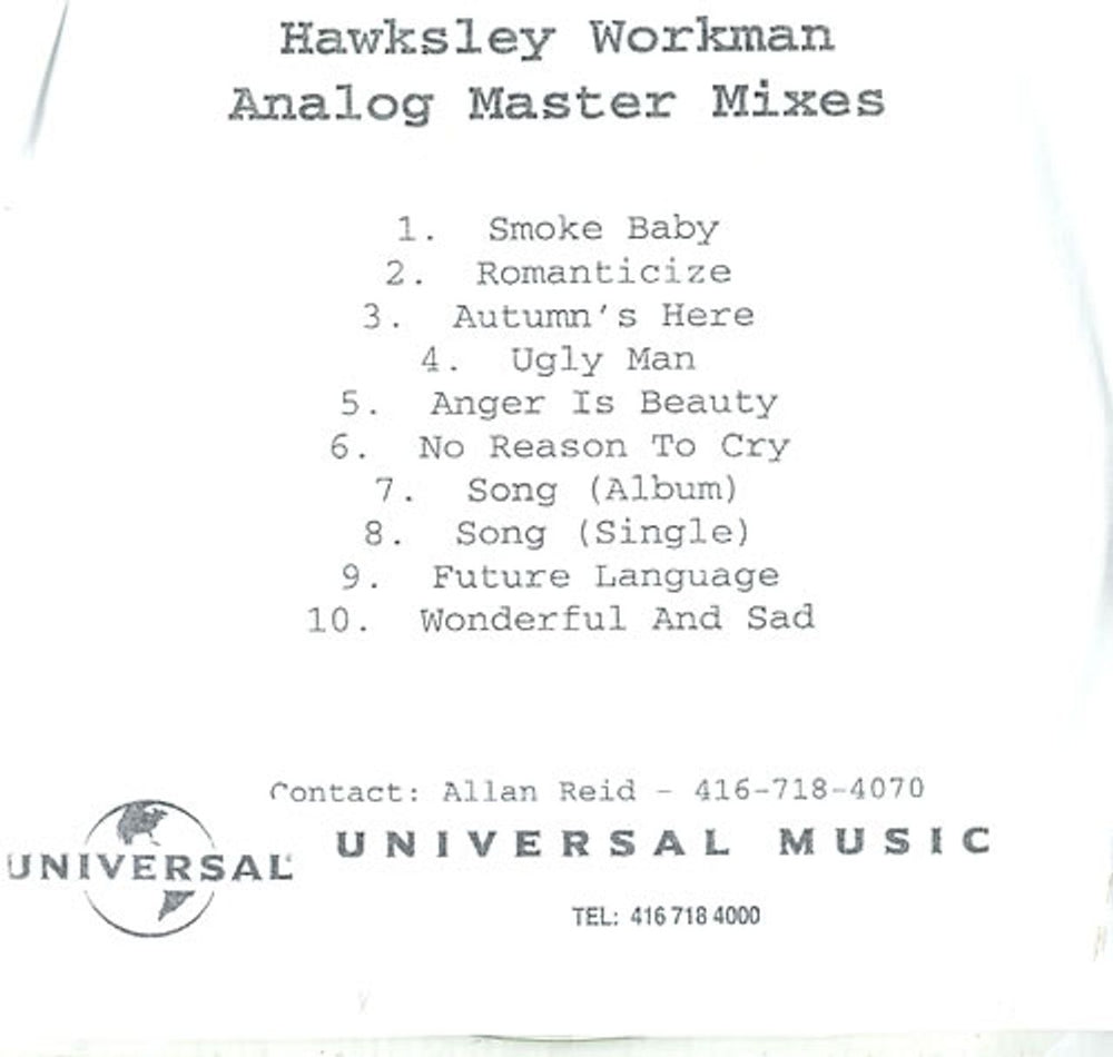 Hawksley Workman Analog Master Mixes UK Promo CD album (CDLP)