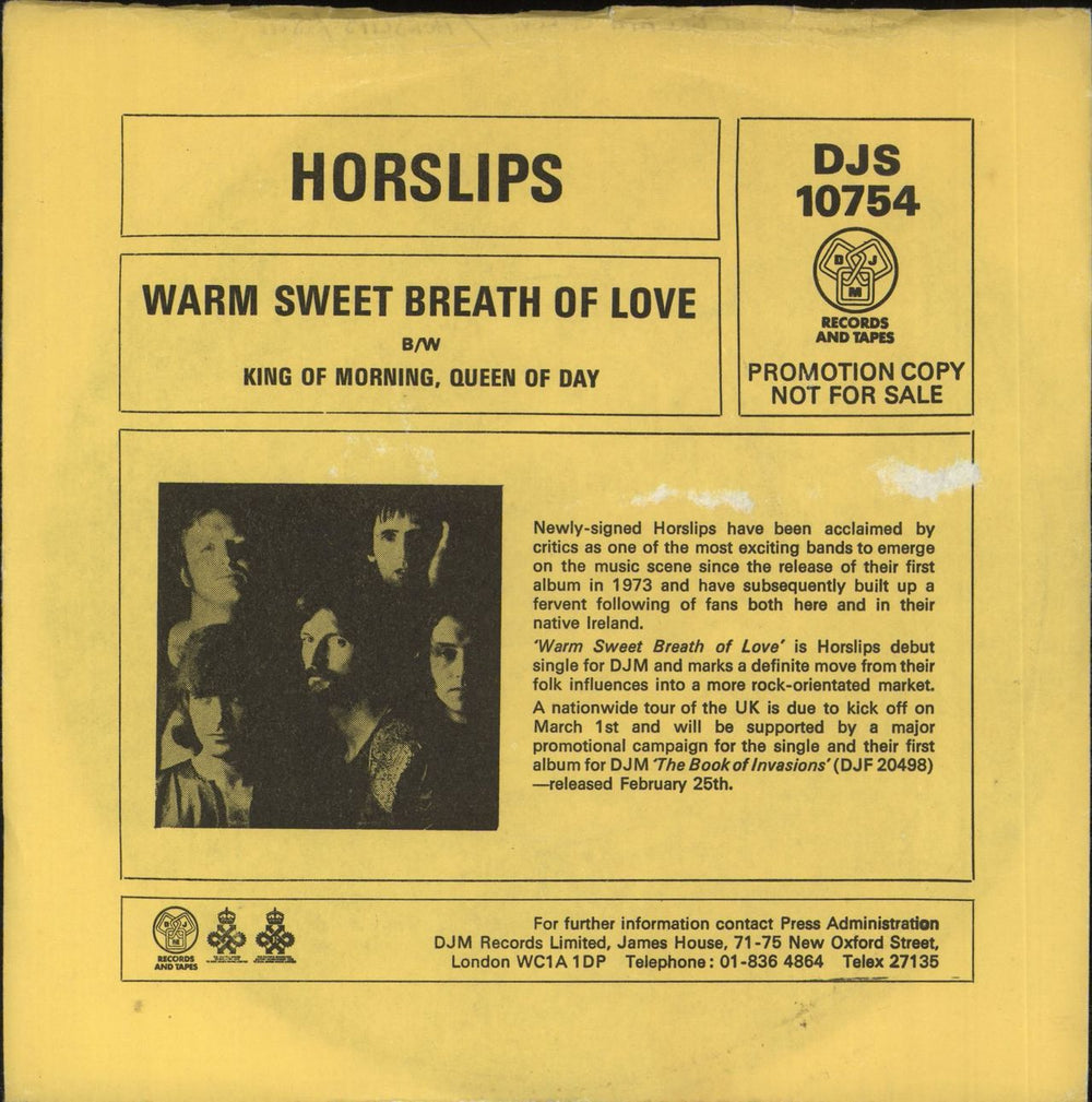 Horslips Warm Sweet Breath Of Love - Promo Picture Sleeve UK Promo 7" vinyl single (7 inch record / 45) DJS10754