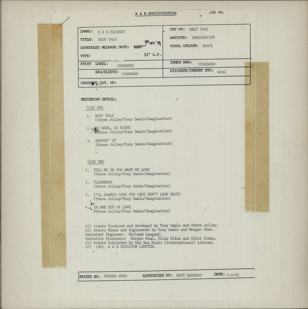 Imagination Body Talk - White label test pressing + Proof sleeve UK vinyl LP album (LP record)