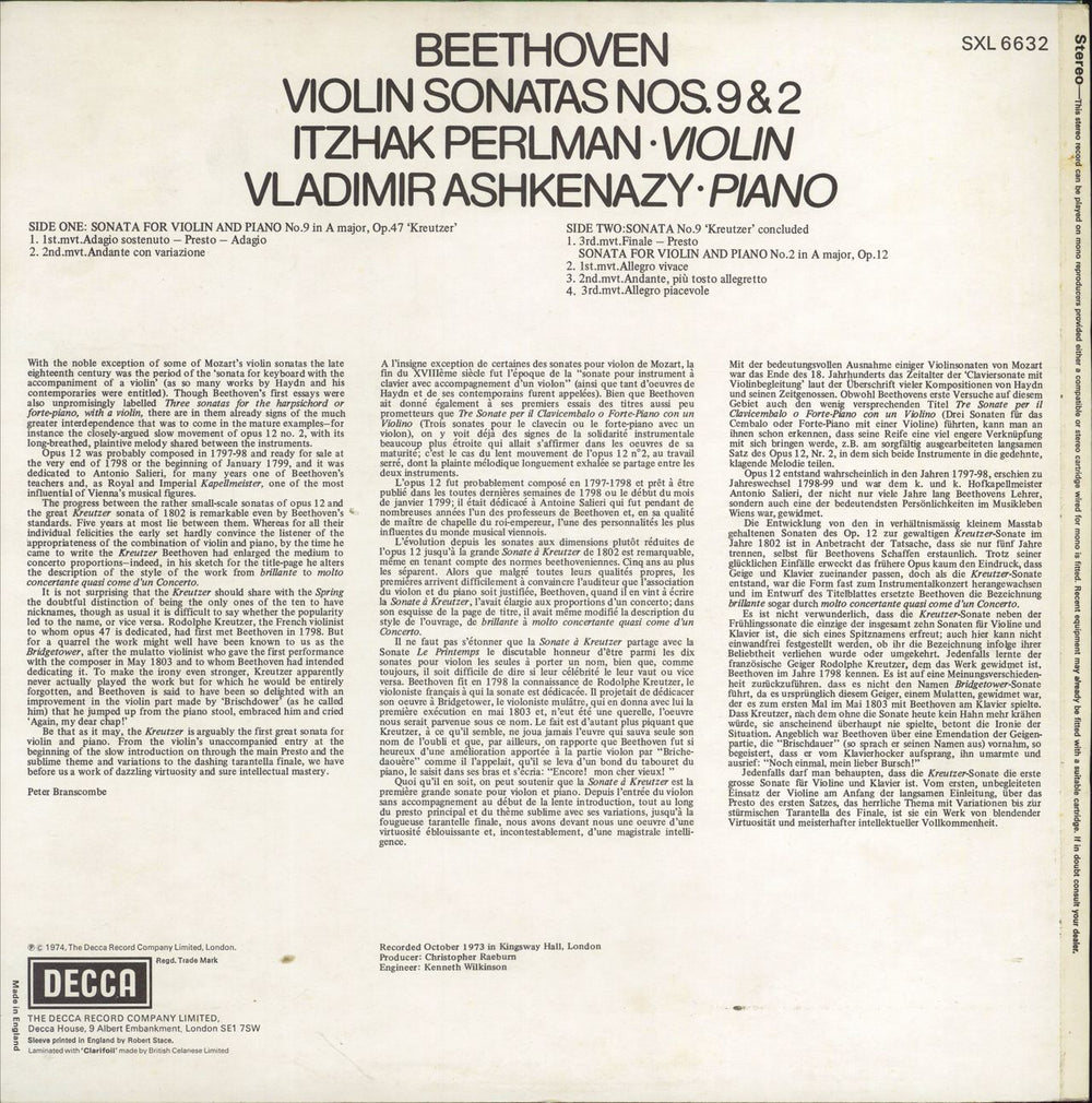 Itzhak Perlman & Vladimir Ashkenazy Beethoven: Violin Sonatas No. 9 'Kreutzer' & No. 2 - Export UK vinyl LP album (LP record)