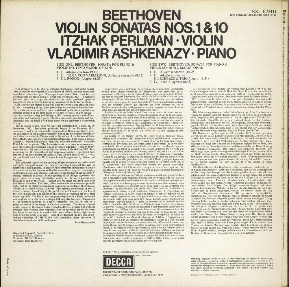 Itzhak Perlman & Vladimir Ashkenazy Beethoven: Violin Sonatas Op.12 No.1 & Op.96 UK vinyl LP album (LP record)