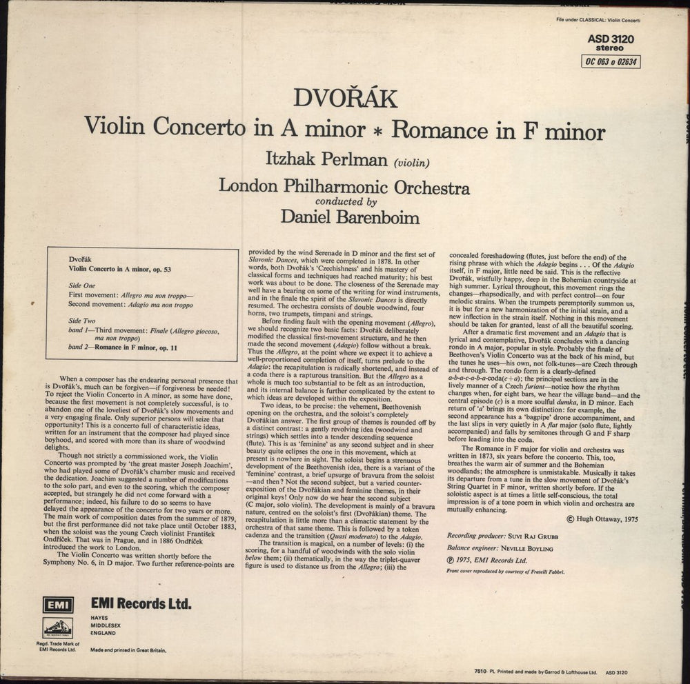Itzhak Perlman Dvorak - Violin Concerto In A Minor / Romance In F Minor UK vinyl LP album (LP record)