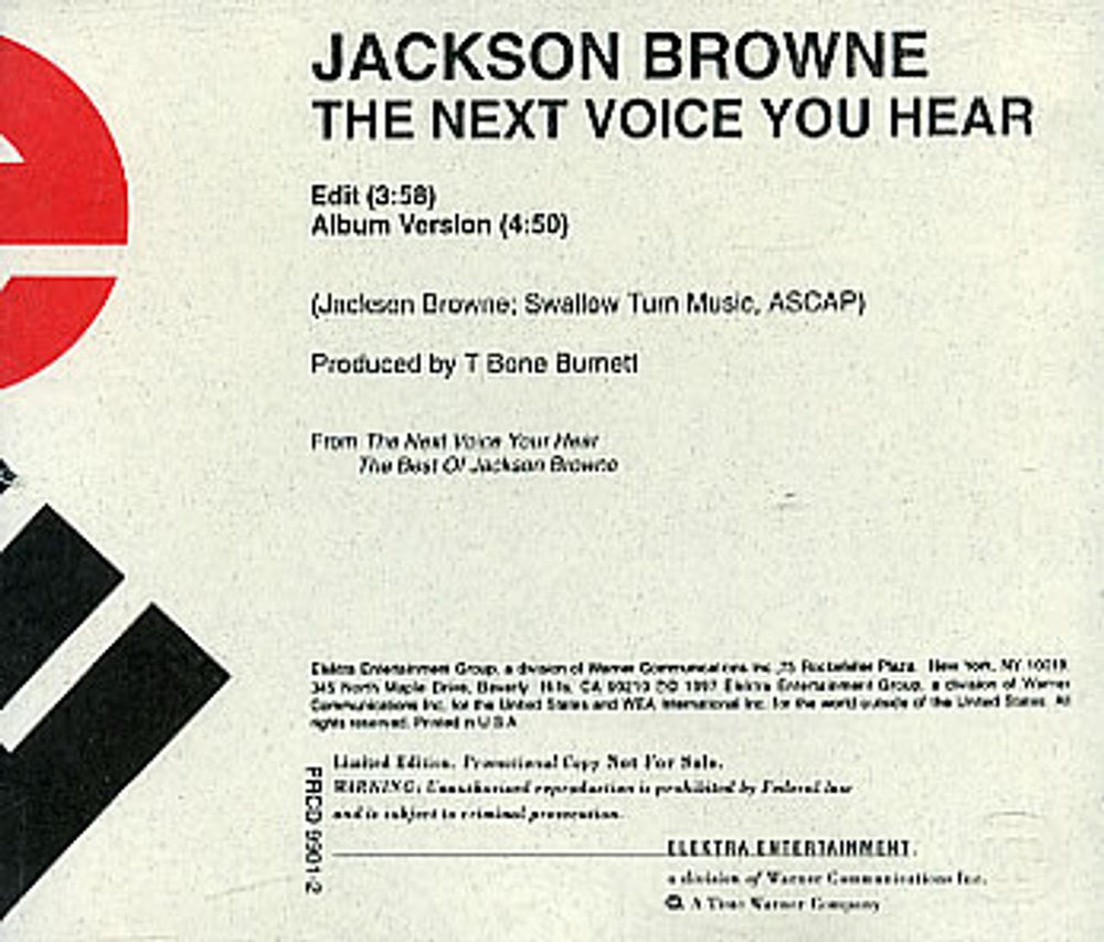 Jackson Browne The Next Voice You Hear  US Promo CD single (CD5 / 5") PRCD9901-2