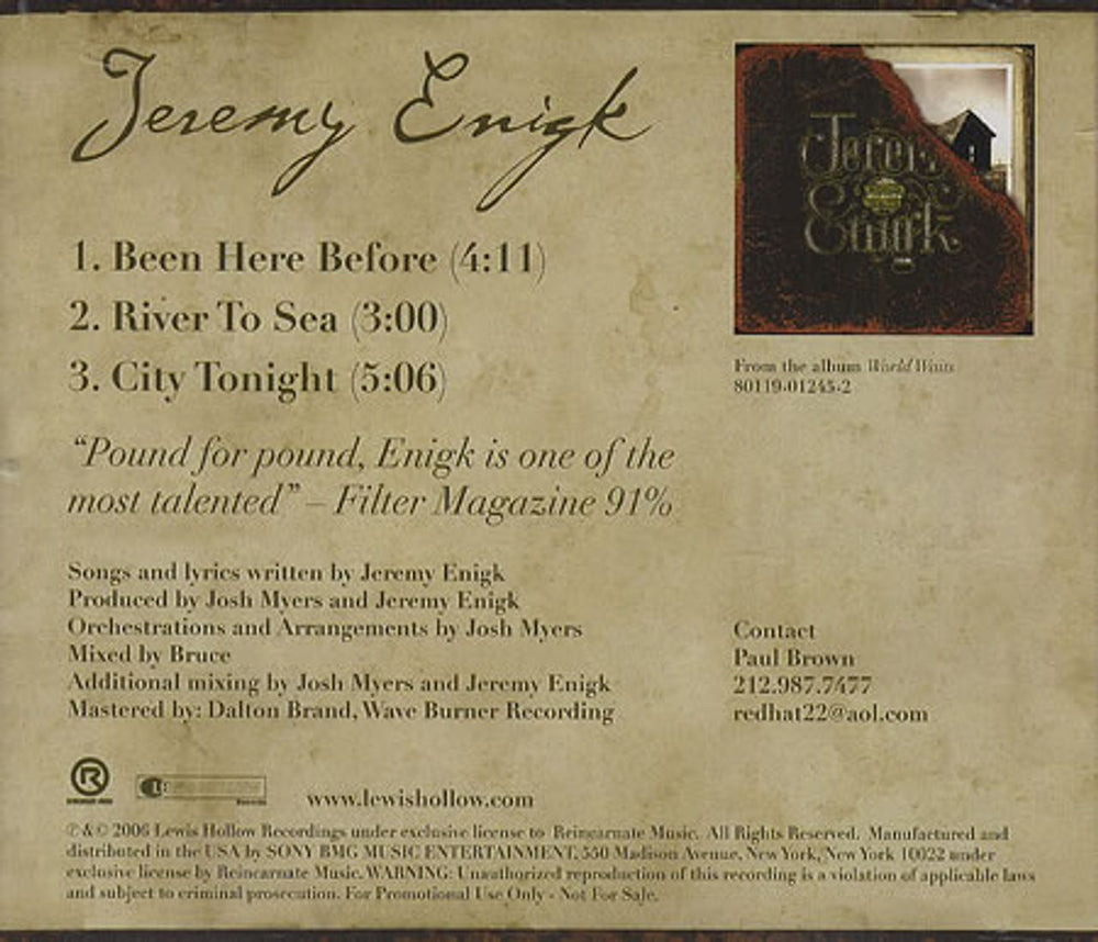 Jeremy Enick Been Here Before US Promo CD single (CD5 / 5") 6BSK901253