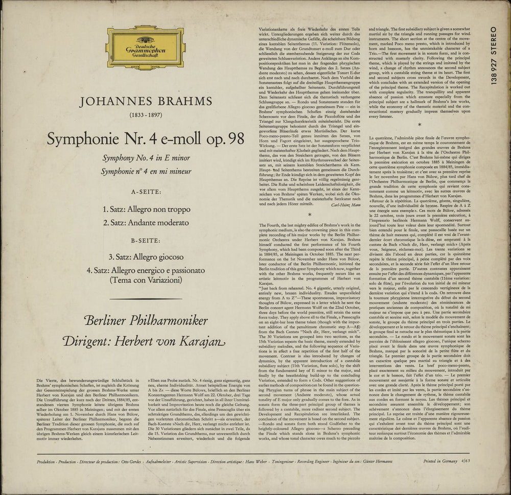 Johannes Brahms Symphonie Nr. 4 German vinyl LP album (LP record)