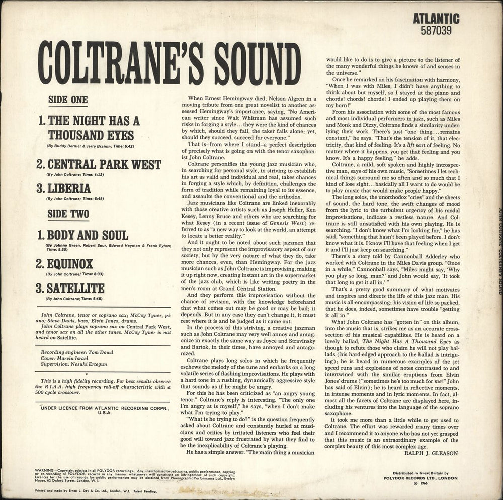 John Coltrane Coltrane's Sound - VG UK vinyl LP album (LP record)