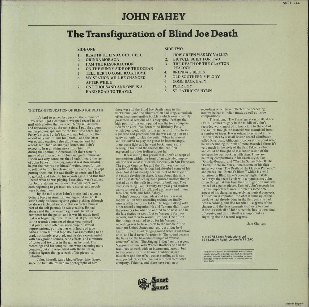 John Fahey The Transfiguration Of Blind Joe Death UK vinyl LP album (LP record)