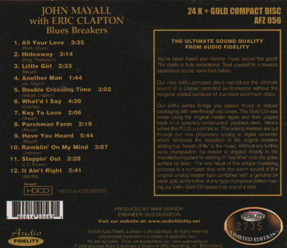 John Mayall Blues Breakers US CD album (CDLP) JOMCDBL494584