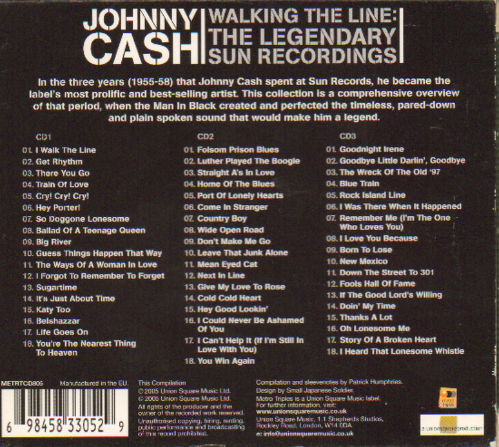 Johnny Cash Walking The Line:The Legendary Sun Recordings UK 3-CD album set (Triple CD) JCS3CWA343733