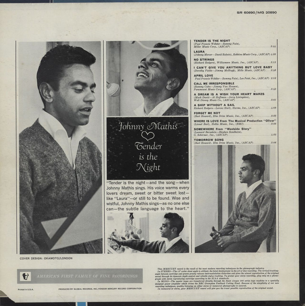 Johnny Mathis Tender Is The Night US vinyl LP album (LP record)