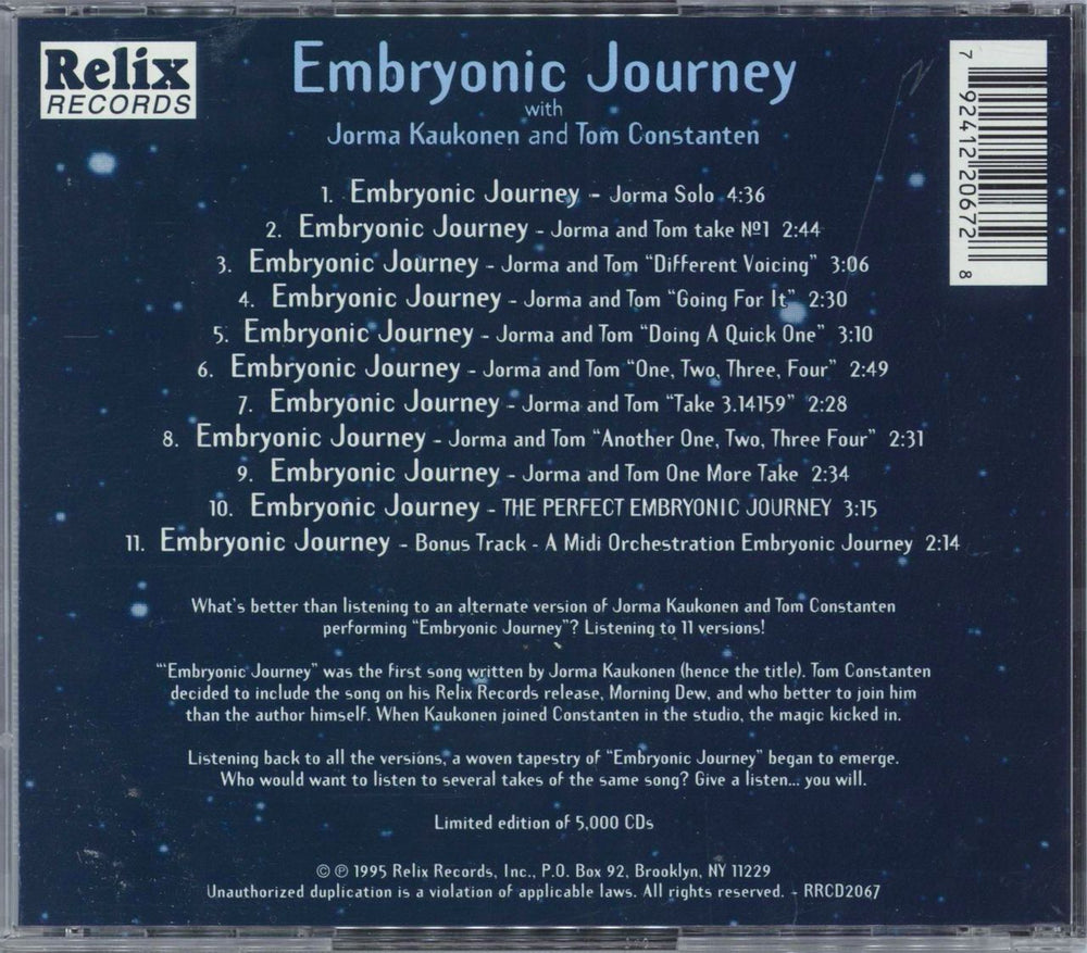 Jorma Kaukonen Embryonic Journey - Autographed US CD album (CDLP) 792412206728