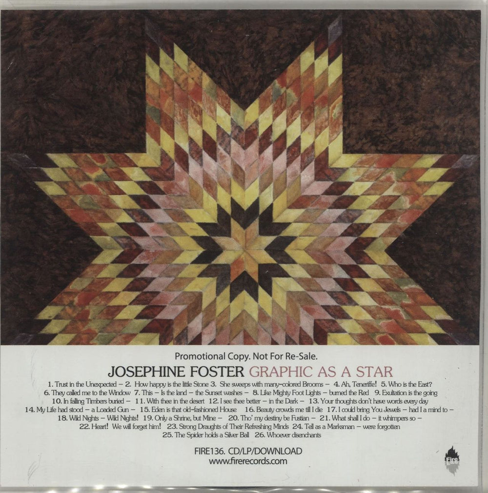 Josephine Foster Graphic As A Star + PR UK Promo CD album (CDLP) FIRE136