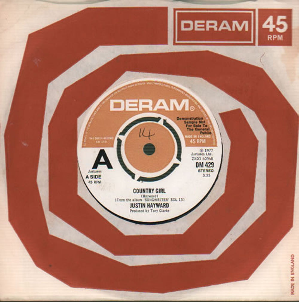 Justin Hayward Country Girl - A Label UK Promo 7" vinyl single (7 inch record / 45) DM429