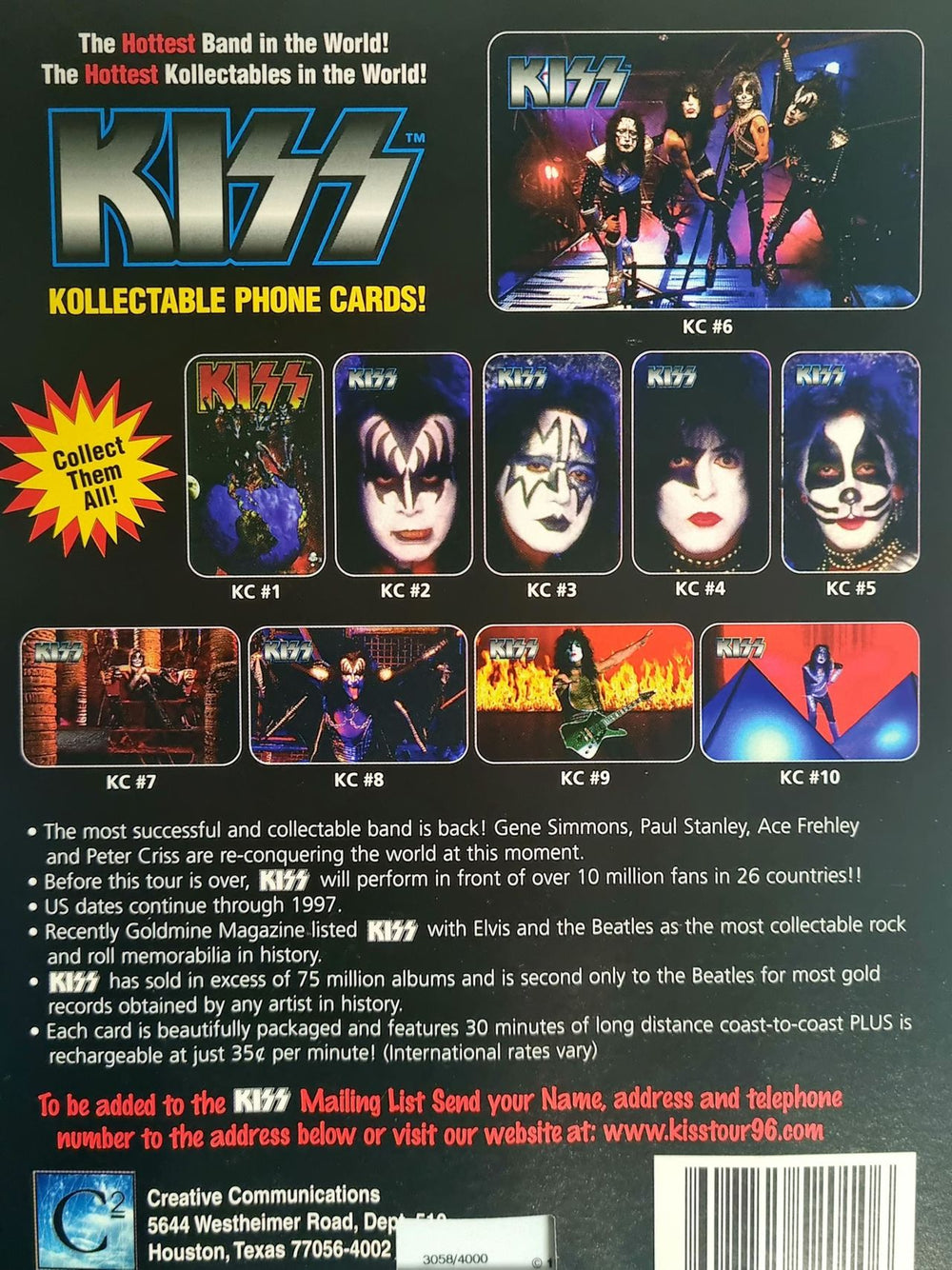 Kiss Set of 10 Phone Cards US memorabilia KISMMSE793591