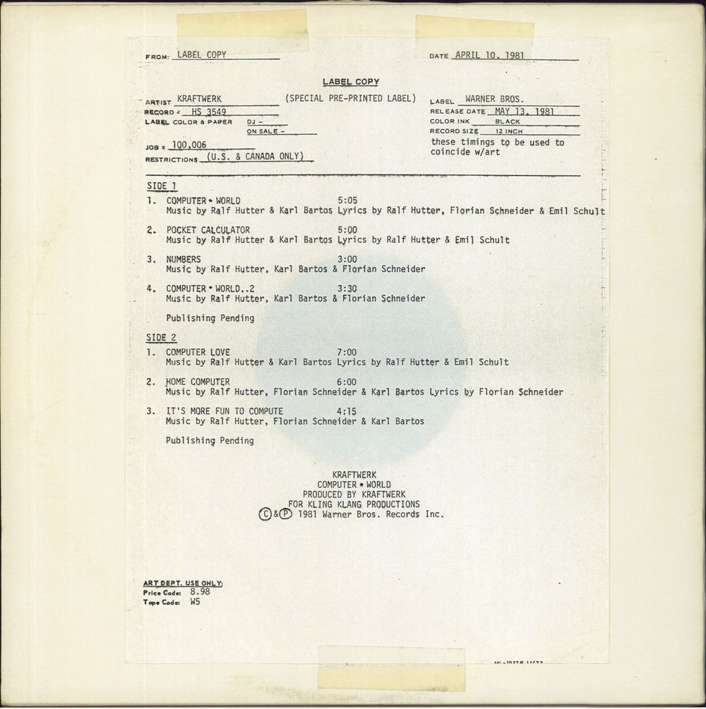 Kraftwerk Computer World - Test Pressing + Copy Sheet US vinyl LP album (LP record) HS3549