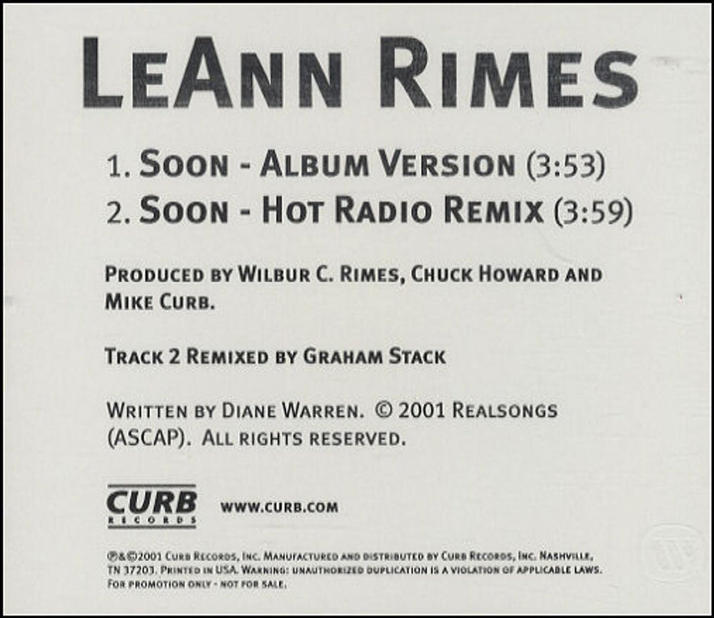 Leann Rimes Soon US Promo CD single (CD5 / 5") CURBD1616